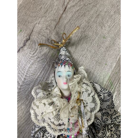 Vintage Harlequin Porcelain Clown Doll 10” Hand Painted Figurine Lace Ruffle - Picture 5 of 10